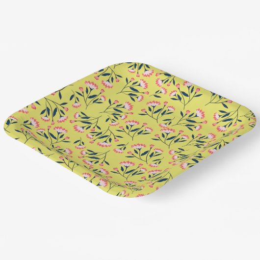  Cheerful Floral Pattern: Pink Flowers  Pappteller (Gewinkelt)