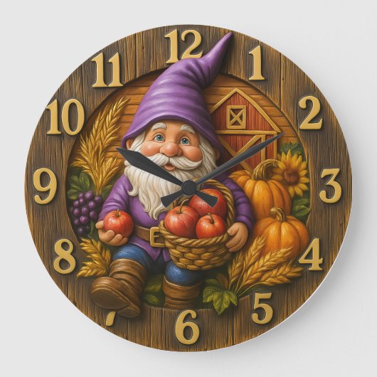 Cheerful gnome with apple basket harvest große wanduhr (Vorderseite)