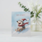 Cheerful hedgehog rides sled down, Christmas  Postkarte (Stehend Vorderseite)