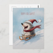 Cheerful hedgehog rides sled down, Christmas  Postkarte (Vorne/Hinten)