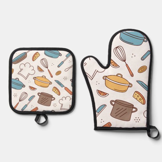 Cheerful Kitchen Doodle Ofenhandschuh & Topflappen-Set (Vorderseite)