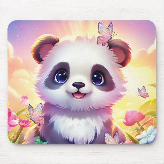 Cheerful Panada, Rainbows, Butterflies and Flowers Mousepad (Vorne)