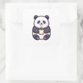 Cheerful Panda with Tea – Cute Whimsical Illustrat Quadratischer Aufkleber (Tasche)