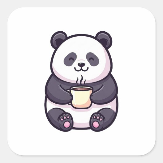 Cheerful Panda with Tea – Cute Whimsical Illustrat Quadratischer Aufkleber (Vorderseite)