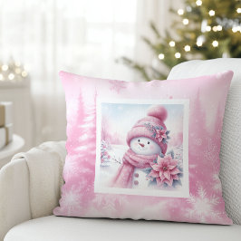 Cheerful Pink Snowman Pinkmas Forest Gift Pillow Kissen