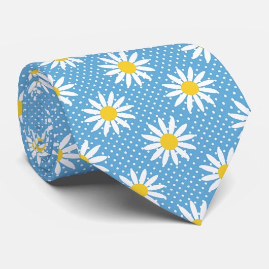 Cheerful Powder Blue Retro Daisy Flower Polka Dot Krawatte (Gerollt)