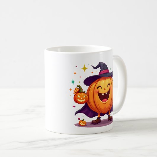 Cheerful Pumpkin Witch Mug with Halloween Fun Kaffeetasse (VorderseiteRechts)