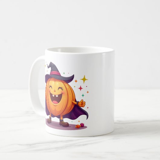 Cheerful Pumpkin Witch Mug with Halloween Fun Kaffeetasse (Vorderseite Links)