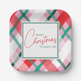 Cheerful Red Green Pink Christmas Plaid Pappteller