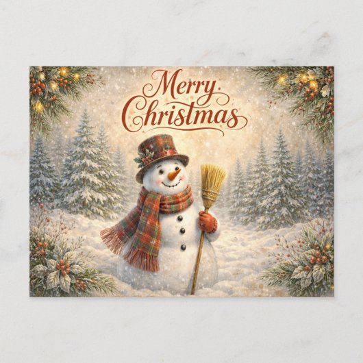 Cheerful Rustic Snowman Merry Christmas  Feiertagspostkarte (Vorderseite)