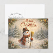 Cheerful Rustic Snowman Merry Christmas  Feiertagspostkarte (Vorne/Hinten)