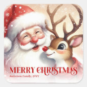 Cheerful Santa and Rudolph Custom Christmas Label Quadratischer Aufkleber (Vorderseite)
