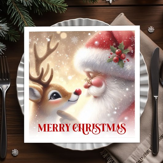 Cheerful Santa Rudolph Holiday Dinner Napkins Xmas Serviette