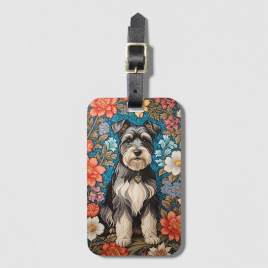 Cheerful Schnauzer William Morris Inspired Floral Gepäckanhänger (Vorderseite Vertikal)