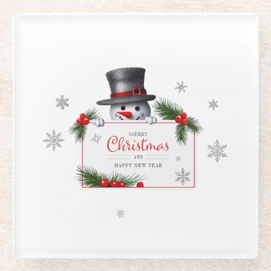 Cheerful Snowman Christmas New Year Greetings Glasuntersetzer (Vorderseite)