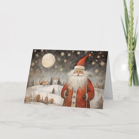 Cheerful Whimsical Santa Claus in a Snowy Village Karte (Vorderseite)