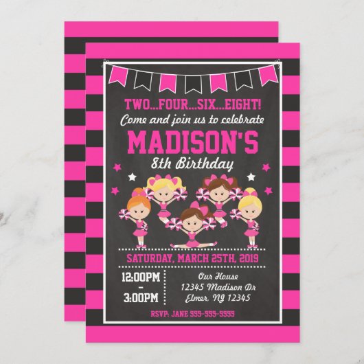 Cheerleader Birthday Einladung / Rosa & Schwarz (Vorne/Hinten)