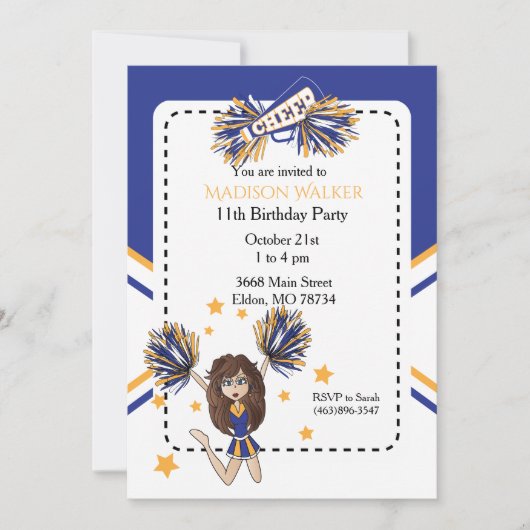 Cheerleader Birthday Party in Blue & Gold Einladung (Vorderseite)