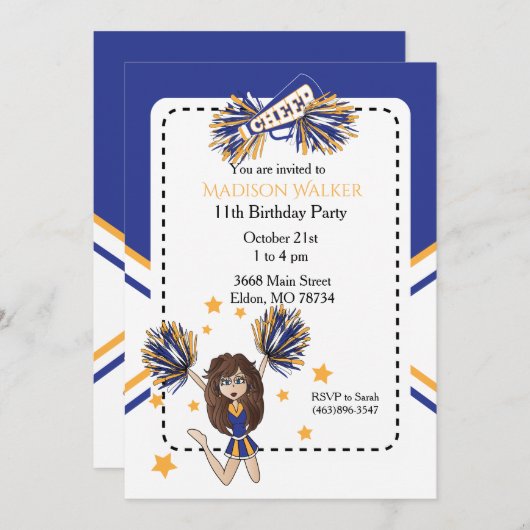 Cheerleader Birthday Party in Blue & Gold Einladung (Vorne/Hinten)