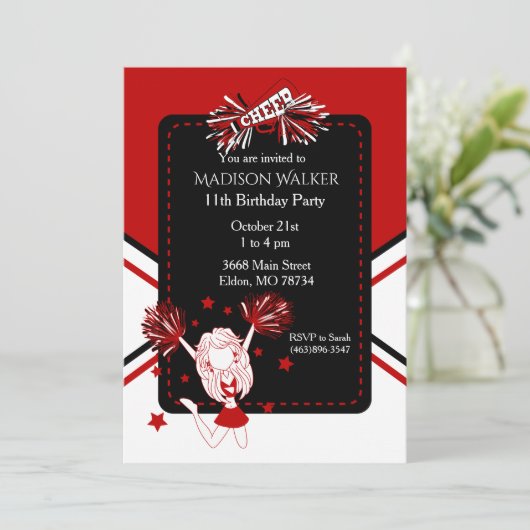 Cheerleader Birthday Party in Dark Red Einladung (Stehend Vorderseite)