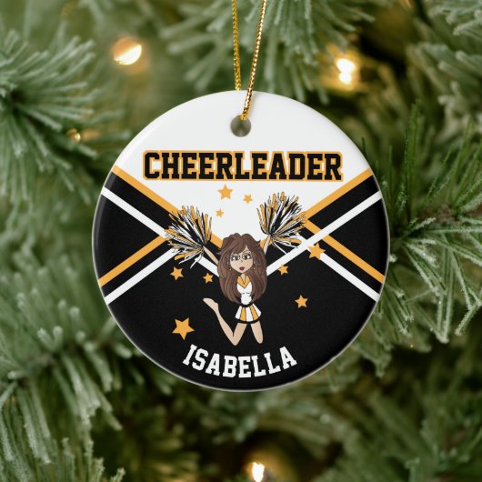 Cheerleader 📣 💖 Girl - Weiß, Schwarz und Gold Keramik Ornament (Baum)