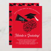 Cheerleader Graduation Party Rot und Schwarz Einladung (Vorne/Hinten)
