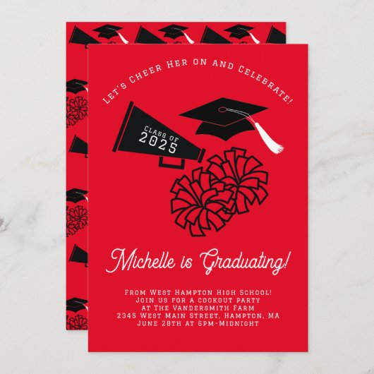 Cheerleader Graduation Party Rot und Schwarz Einladung (Vorne/Hinten)