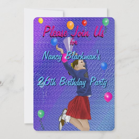 Cheerleader, Lila und Balloons Einladung zum Gebur (Vorderseite)