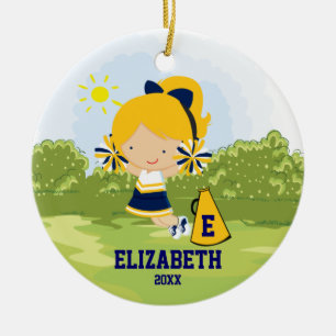 Cheerleader-Mädchen-Weihnachtsdekoration Blau Gold Keramikornament