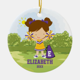 Cheerleader-Mädchen-Weihnachtsornament Lila Gelb Keramikornament