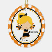 Cheerleader-Mädchen-Weihnachtsverzierungs-orange Keramikornament (Links)