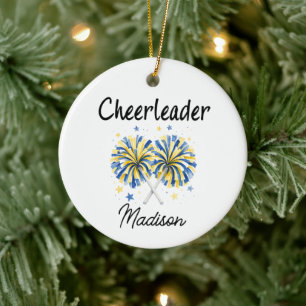 Cheerleader mit blauen und gelben Pom-Poms Keramik Ornament