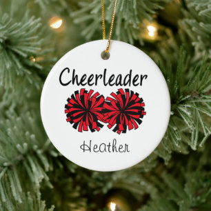 Cheerleader mit roten und schwarzen Pom-Poms Keramik Ornament