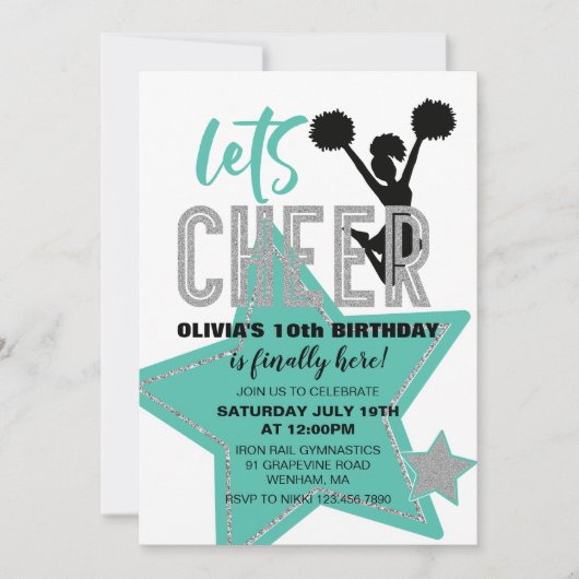 Cheerleader turquoise Silver Black Cheer Geburtsta Einladung (Vorderseite)
