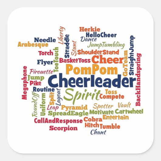 Cheerleader Word Cloud (Cheer Leader) Quadratischer Aufkleber (Vorderseite)