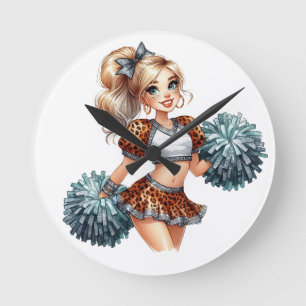 Cheerleaderin mit Tiermuster Runde Wanduhr