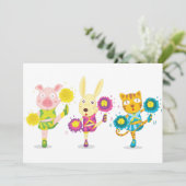 Cheerleading Animal Trio Pig Bunny and Cat Einladung (Stehend Vorderseite)