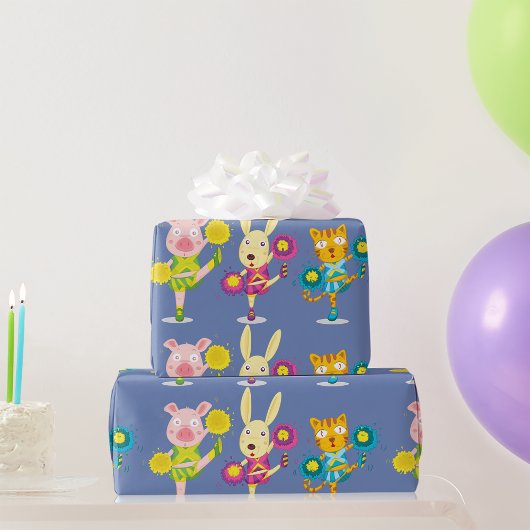 Cheerleading Animal Trio Pig Bunny and Cat Geschenkpapier
