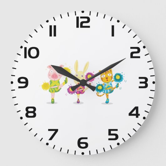 Cheerleading Animal Trio Pig Bunny and Cat Große Wanduhr (Vorderseite)