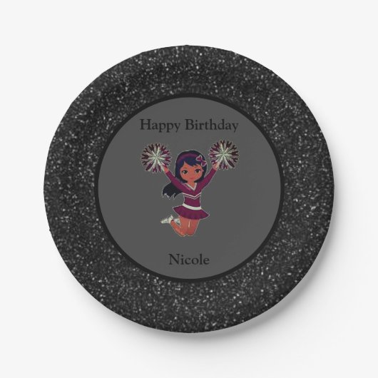 Cheerleading "Happy Birthday" Black Sparkle Pappteller (Vorderseite)