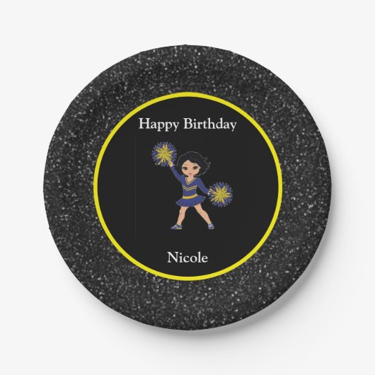 Cheerleading "Happy Birthday" Black Sparkle Pappteller (Vorderseite)