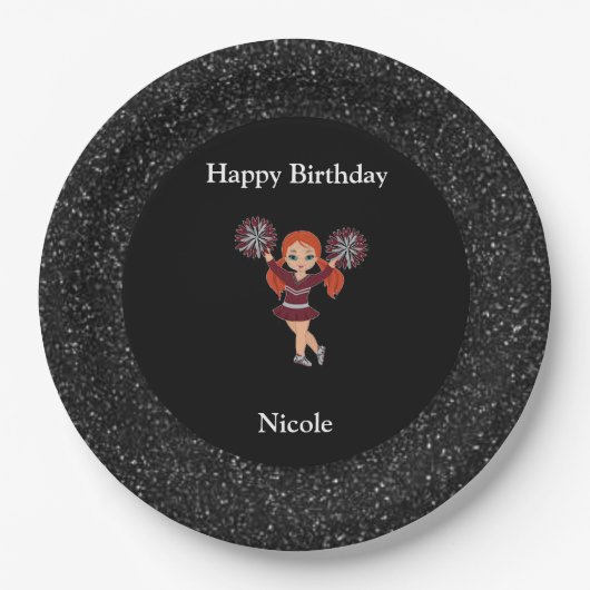 Cheerleading "Happy Birthday" Black Sparkle Pappteller (Vorderseite)