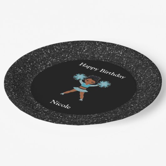 Cheerleading "Happy Birthday" Black Sparkle Pappteller (Schrägansicht)