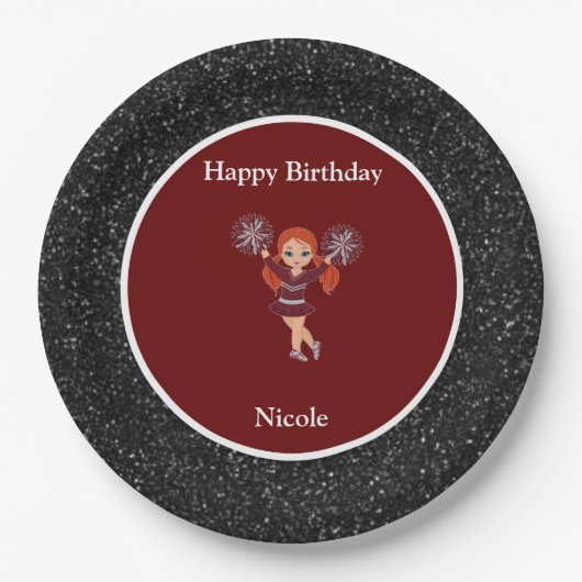 Cheerleading "Happy Birthday" Black Sparkle Pappteller (Vorderseite)
