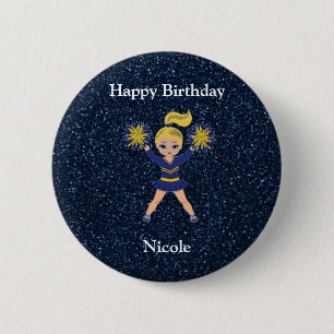 Cheerleading "Happy Birthday" Blauer Sparkle Butto Button