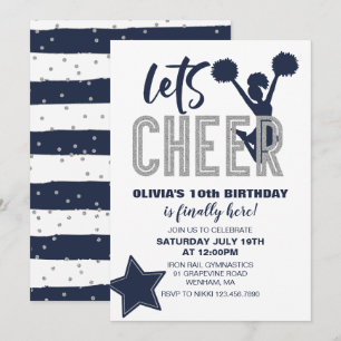 Cheerleading Navy und Silber Cheer Geburtstag Einladung