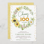 Cheers 100 Years Sonnenblumen Ladys 100. Geburtsta Einladung (Vorne/Hinten)