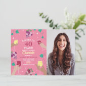 Cheers 40. Geburtstag Wein Degustation Party Rosa Einladung (Stehend Vorderseite)