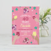 Cheers 40. Geburtstag Wein Verkostung Party Rosa Einladung (Stehend Vorderseite)
