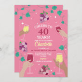 Cheers 40. Geburtstag Wein Verkostung Party Rosa Einladung (Vorne/Hinten)